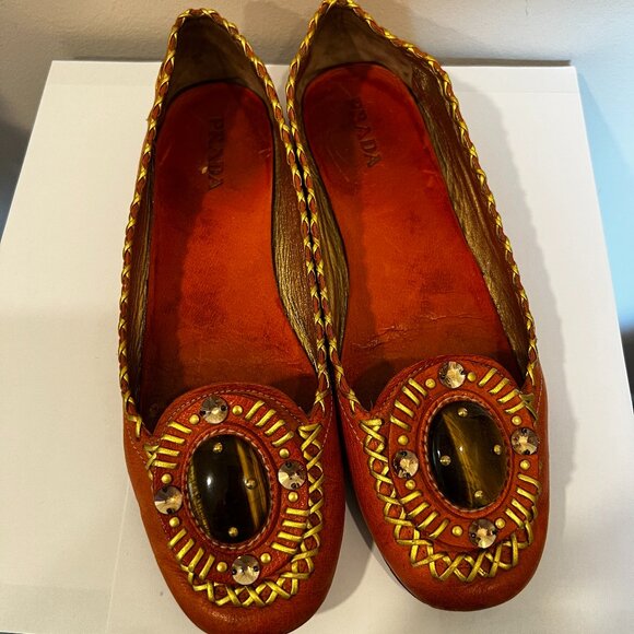 Prada-Tiger Eye Flat-Cognac/Orange-10 - Picture 1 of 5